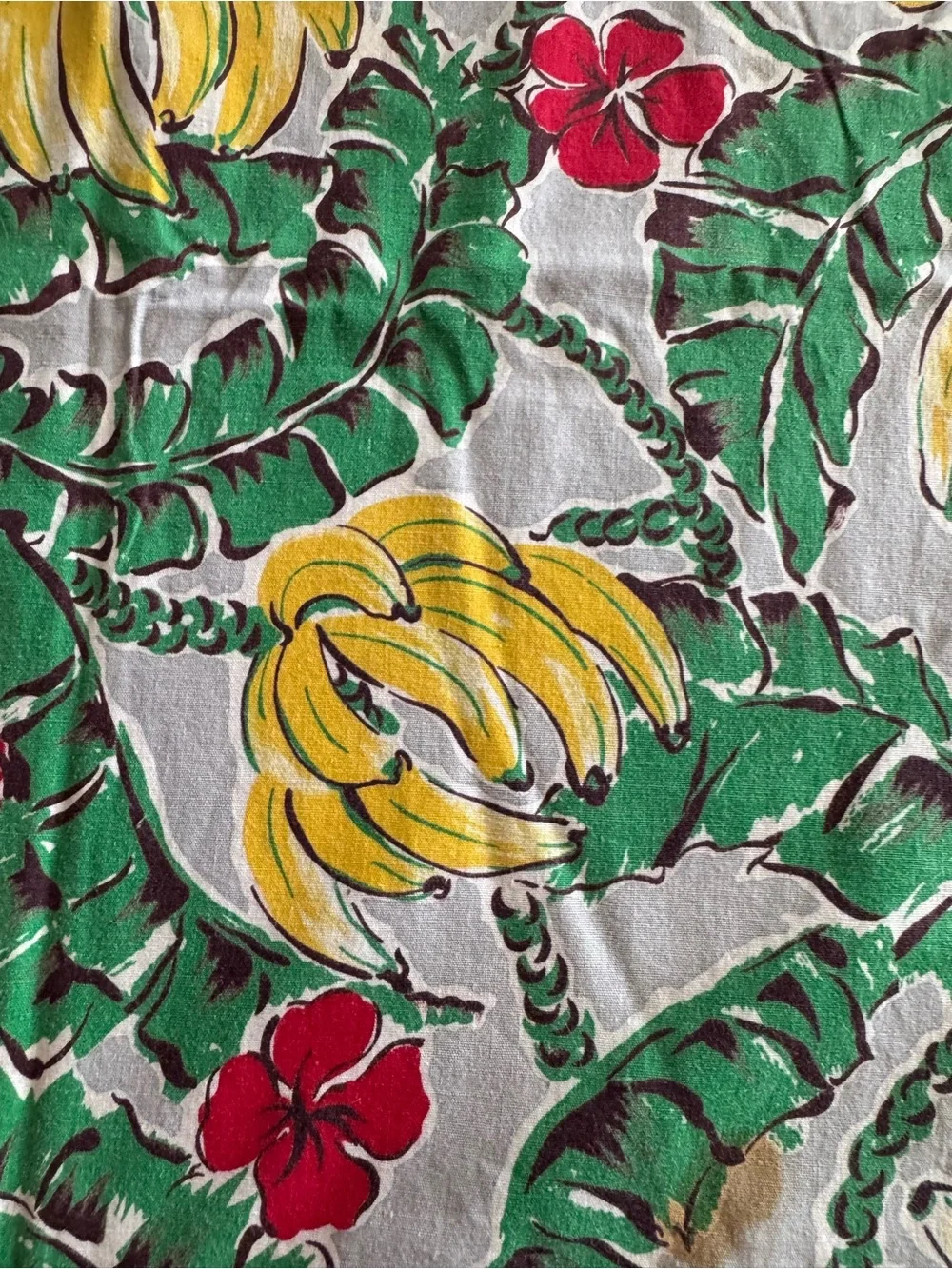 Vintage 1950’s Tropical Banana Hibiscus Tablecloth 34“ Square Crochet Edge MCM